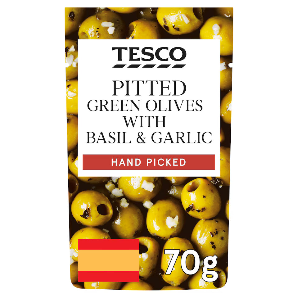 Tesco Pitted Green Olives Basil & Garlic, 70g