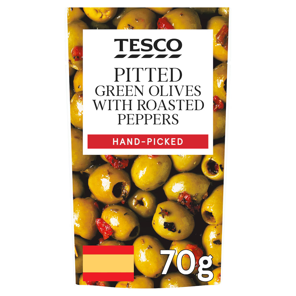 Tesco Pitted Green Olives With Red Peppers, 70g
