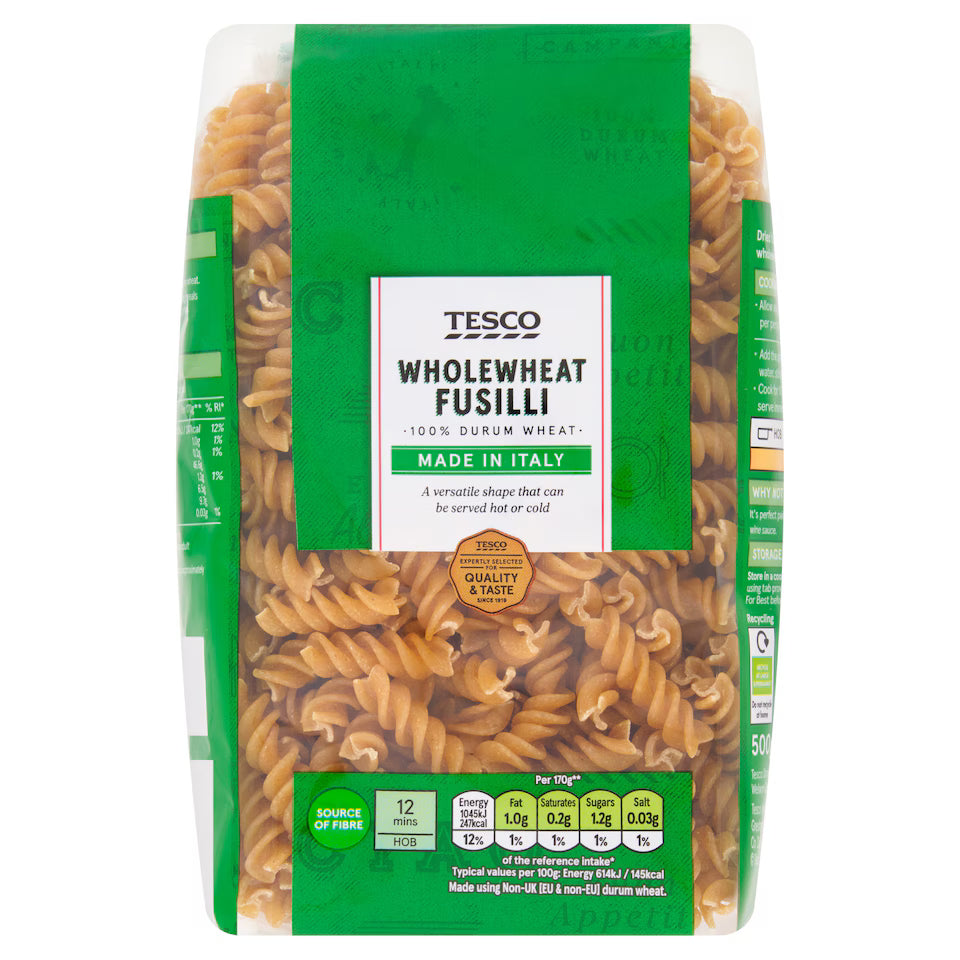 Tesco Whole Wheat Fusilli Pasta, 500g