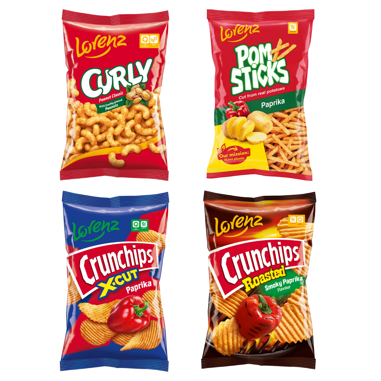 Lorenz Snack Variety Pack – Crunchips Roasted Smoky Paprika 120g, Curly Peanut Classic 120g, Crunchips X-Cut Paprika 130g & Pomsticks Paprika 100g