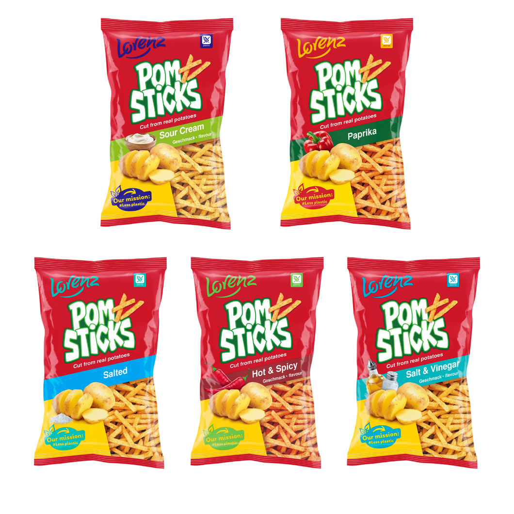 Lorenz Pomsticks Variety Pack – Salted 85g, Sour Cream 85g, Paprika 100g, Hot & Spicy 85g & Salt & Vinegar 85g