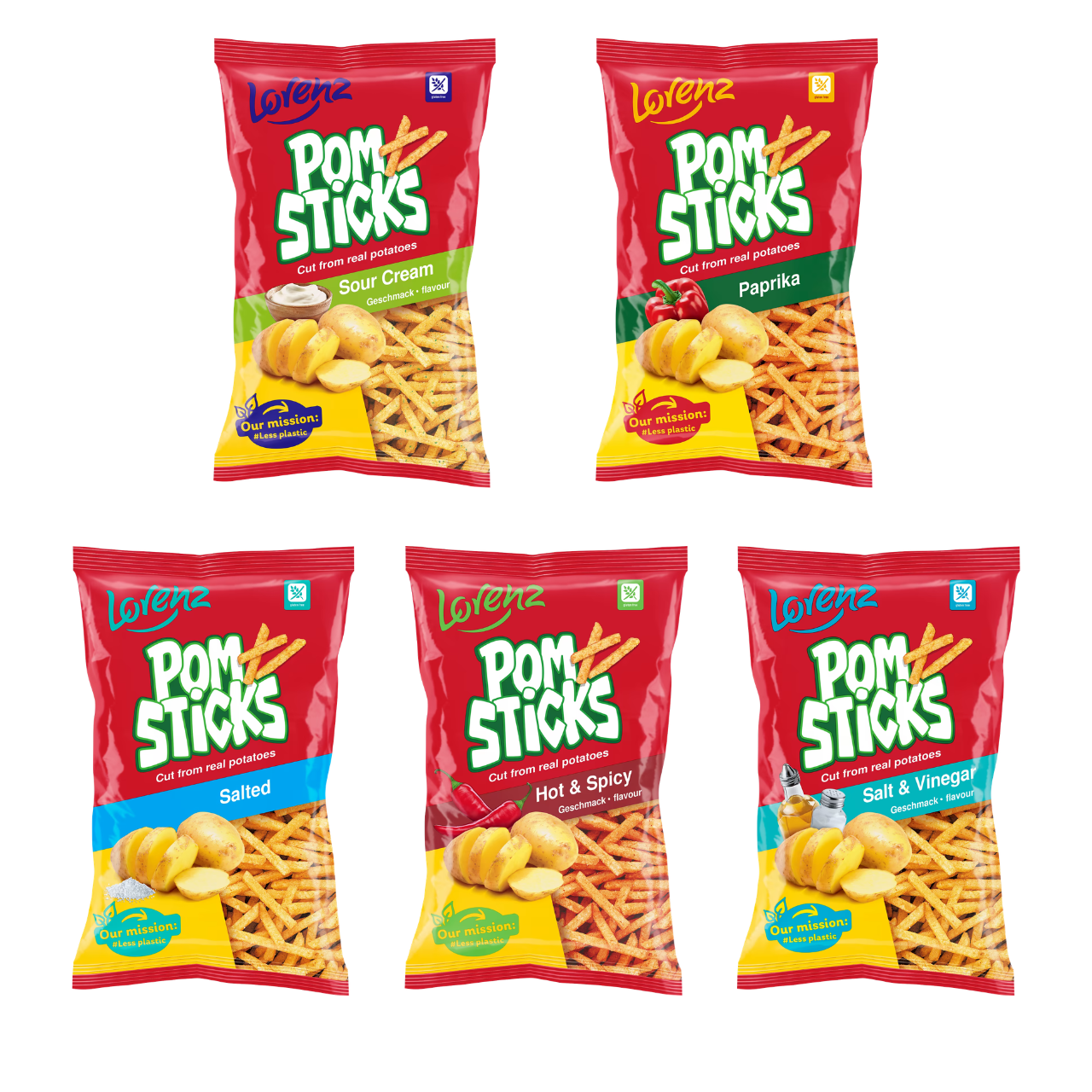 Lorenz Pomsticks Variety Pack – Salted 85g, Sour Cream 85g, Paprika 100g, Hot & Spicy 85g & Salt & Vinegar 85g