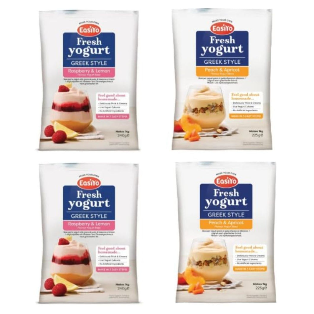 EasiYo Greek Style Fresh Yogurt, Raspberry & Lemon and Peach & Apricot Flavours, Makes 1kg