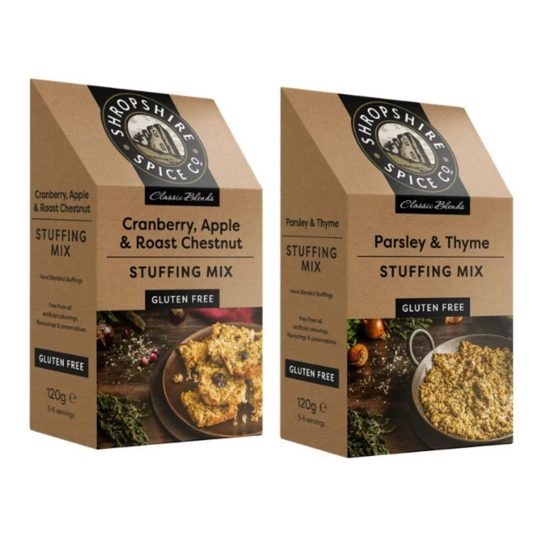 SHROPSHIRE SPICE CO. Gluten Free Cranberry, Apple & Chestnut Stuffing 120g, Gluten Free Parsley & Thyme Stuffing 120g