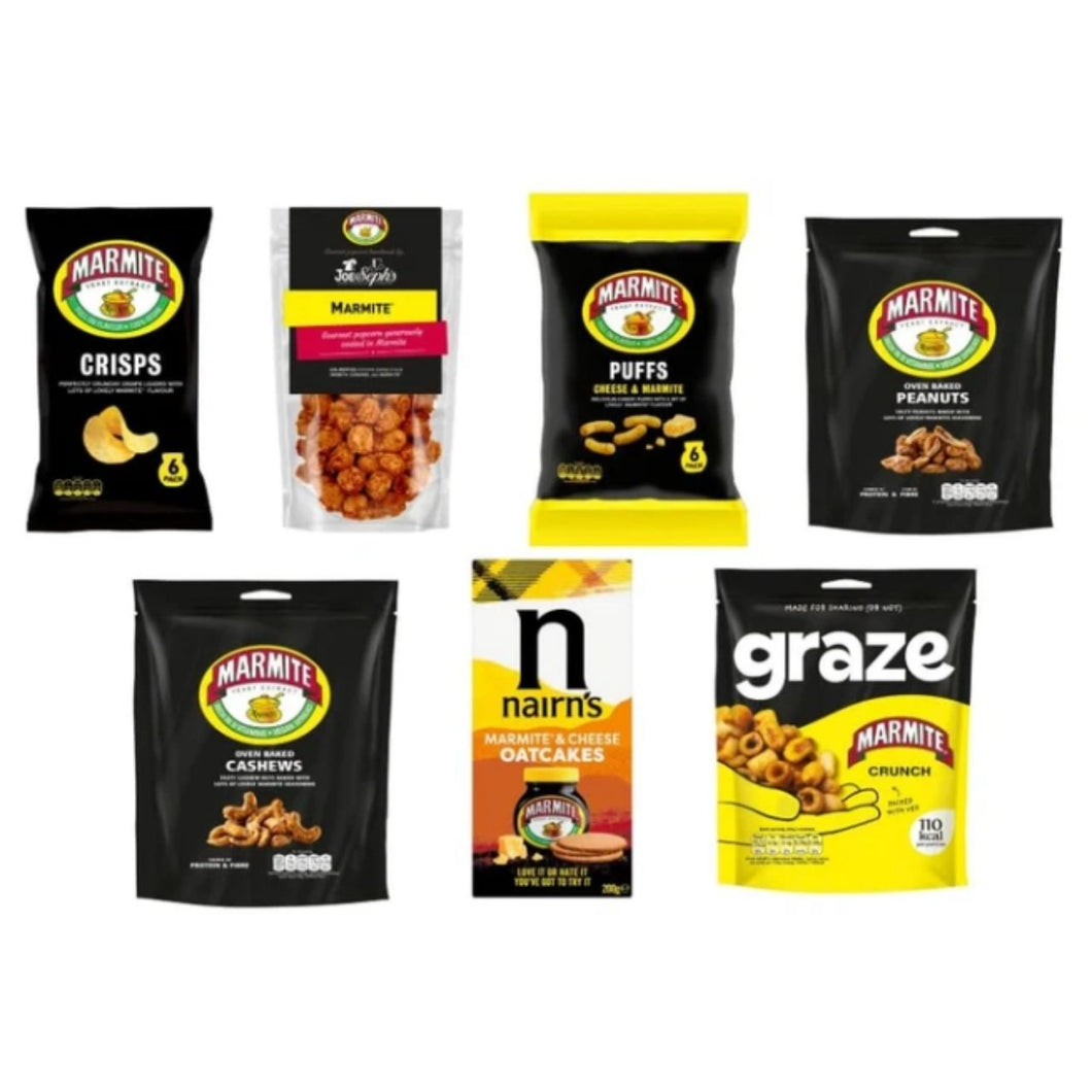 Marmite Lovers Snack Variety Pack, Crisps, Puffs, Peanuts, Cashews, Oatcakes, Crunch, Popcorn
