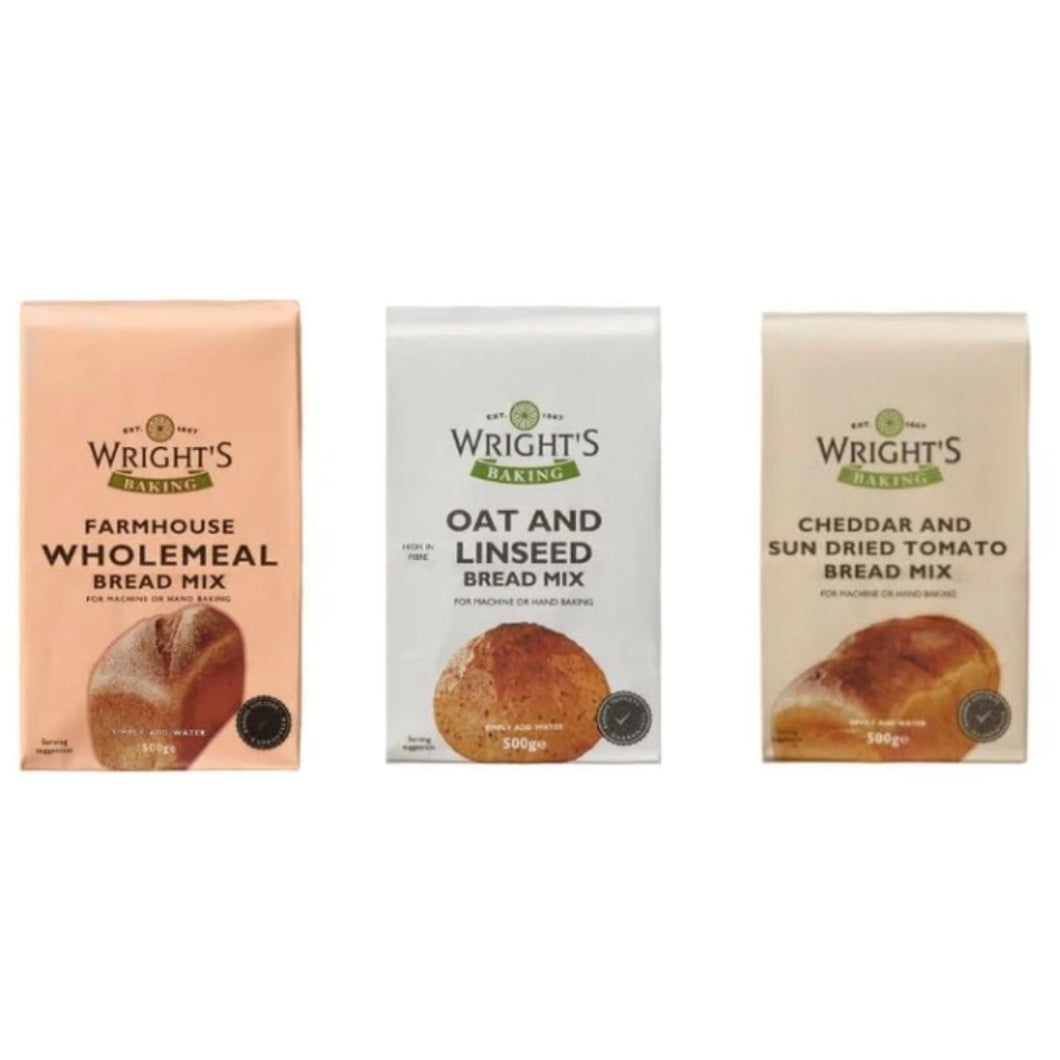 Wright's Baking Bread Mix Variety, Farmhouse Wholemeal, Oat and Linseed, Cheddar and Sun Dried Tomato, 500g