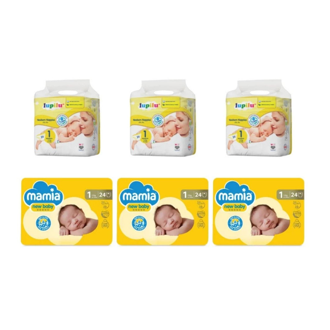 3x Lupilu Newborn Size 1 Nappies and 3x Mamia New Baby Size 1.  24 Nappies per pack