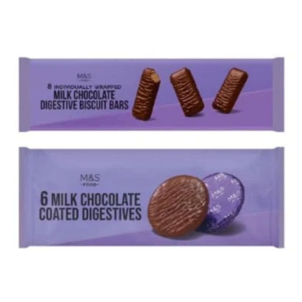 M&S Milk Chocolate Digestive Biscuit Bars, Individually Wrapped, 8 Count, and Milk Chocolate Coated Digestives, 6 Count