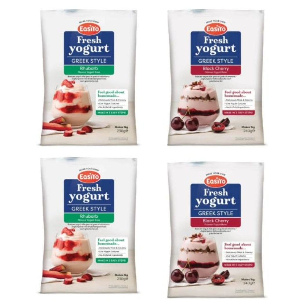 EasiYo Greek Style Yogurt, Rhubarb and Black Cherry Flavours, Makes 1kg