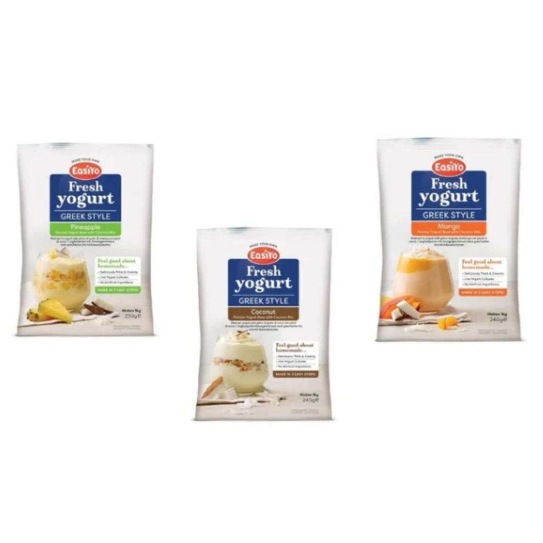 EasiYo Yogurt Greek Style, Pineapple, Coconut & Mango Flavours with Coconut Bits, Makes 1kg