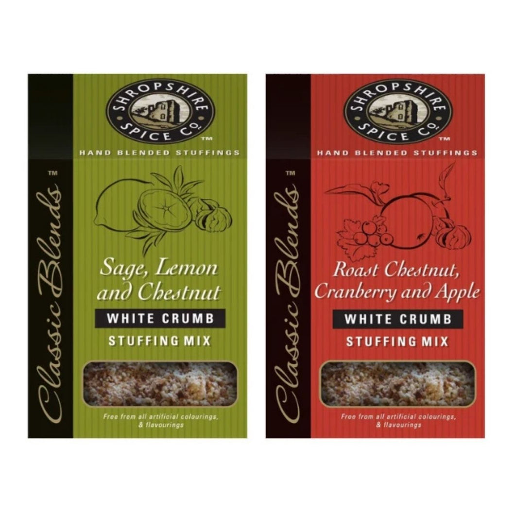 SHROPSHIRE SPICE CO. Sage, Lemon & Chestnut White Crumb Stuffing Mix 150g, Roast Chestnut, Cranberry & Apple White Crumb Stuffing 150g