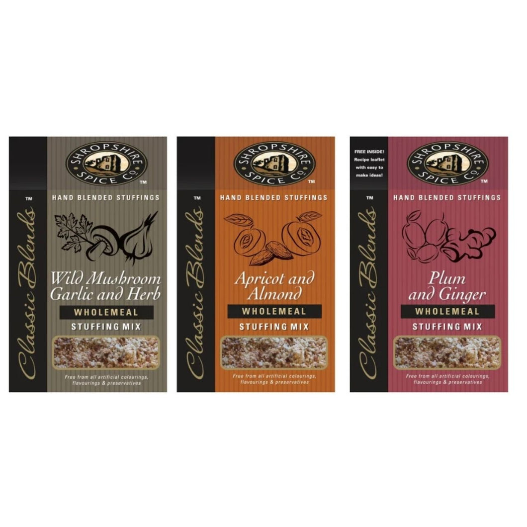 SHROPSHIRE SPICE CO. Apricot & Almond Wholemeal Stuffing Mix 150g, Plum & Ginger Wholemeal Stuffing Mix 150g, Wild Mushroom, Garlic & Herb Wholemeal Stuffing Mix 150g