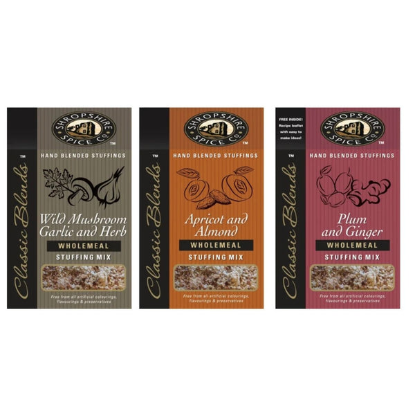 SHROPSHIRE SPICE CO. Apricot & Almond Wholemeal Stuffing Mix 150g, Plum & Ginger Wholemeal Stuffing Mix 150g, Wild Mushroom, Garlic & Herb Wholemeal Stuffing Mix 150g