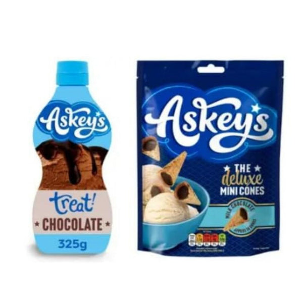 Askey's Chocolate Treat Sauce 325g and Deluxe Mini Cones with Milk Chocolate, Ice Cream Toppings Bundle