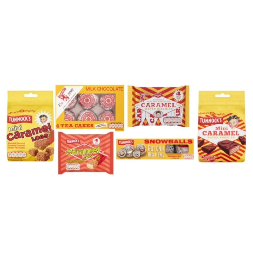 Tunnock's Variety Bundle, Caramel Wafer Biscuits, Tea Cakes, Snowballs, Caramel Log, Mini Caramel Logs