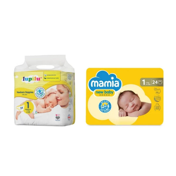 Lupilu Newborn Size 1 Nappies and Mamia New Baby Size 1 Nappies.  24 Nappies per pack.