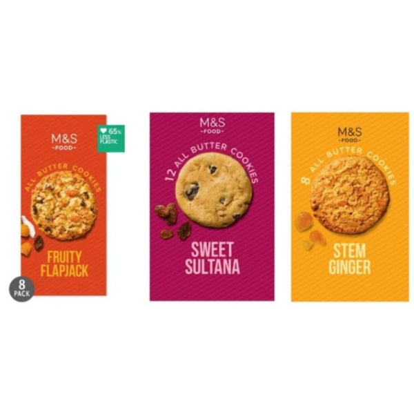 M&S Food All Butter Cookies Variety, Fruity Flapjack, Sweet Sultana, and Stem Ginger