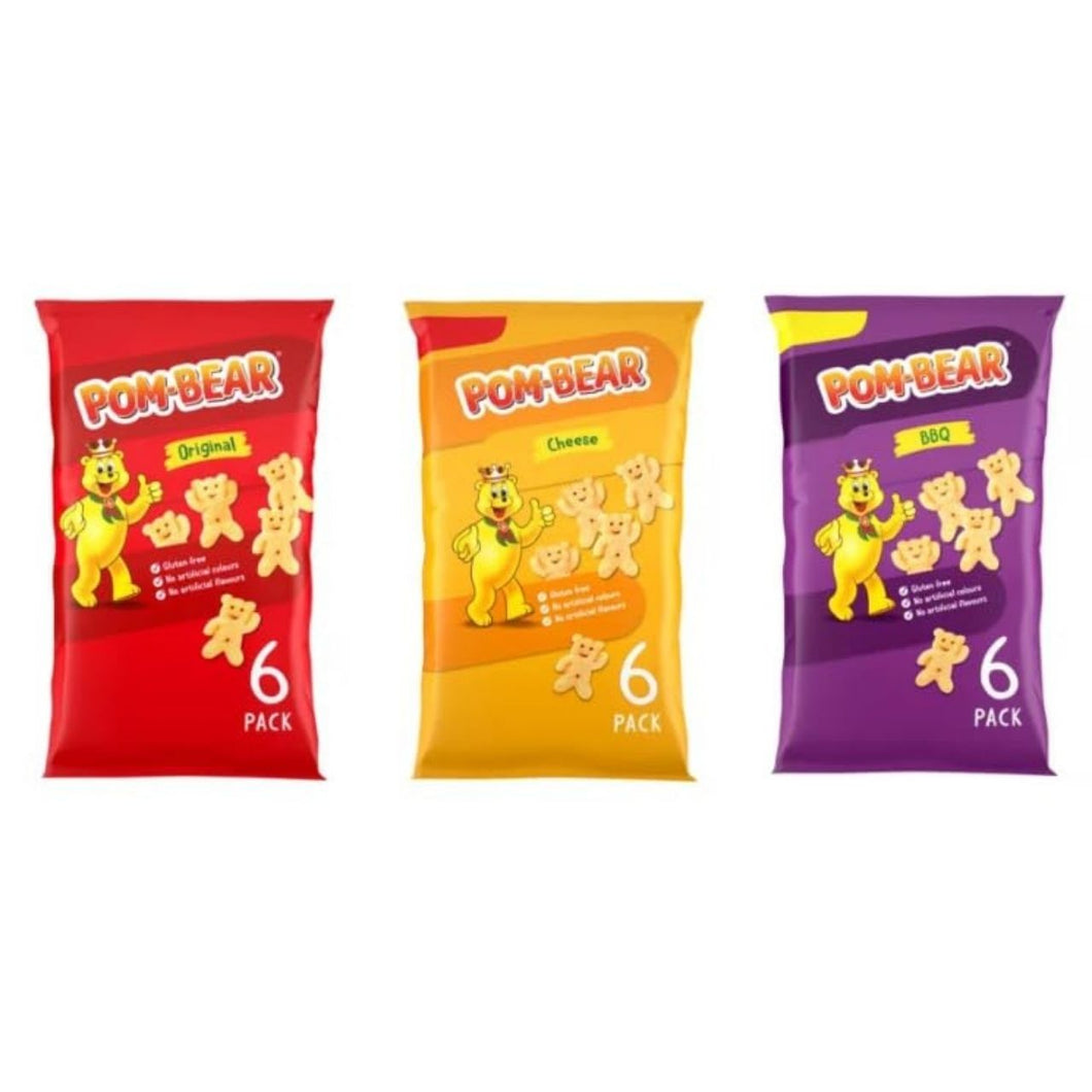 Pom-Bear Crisps Variety Pack, Original, Cheese and BBQ Flavours, Gluten Free, 6 Pack