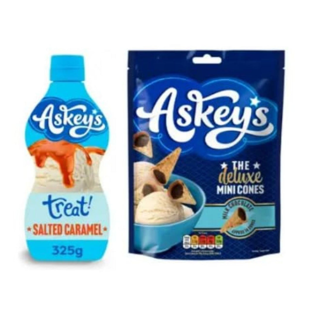 Askey's Salted Caramel Treat Sauce and Deluxe Mini Cones Bundle, Milk Chocolate