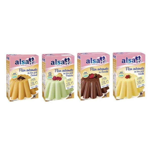 Alsa Flan Entremets Dessert Mix, Caramel, Pistache, Chocolat, and Vanille Flavours, with Calcium