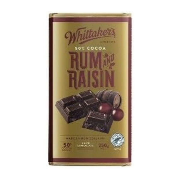 Whittaker's Rum and Raisin Dark Chocolate Block, 50% Cocoa, Made in New Zealand, 250g