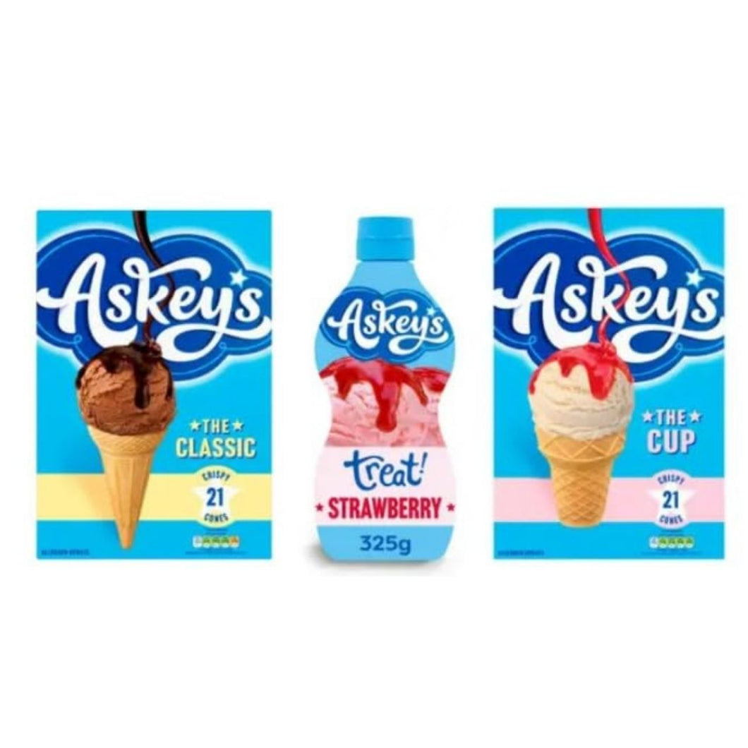 Askey's Classic Crispy Cones, Strawberry Treat Sauce 325g, and Cup Cones, Ice Cream Bundle