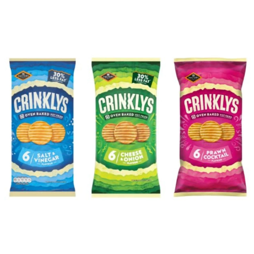 Jacobs Crinklys Oven Baked Crisps, Salt & Vinegar, Cheese & Onion, Prawn Cocktail