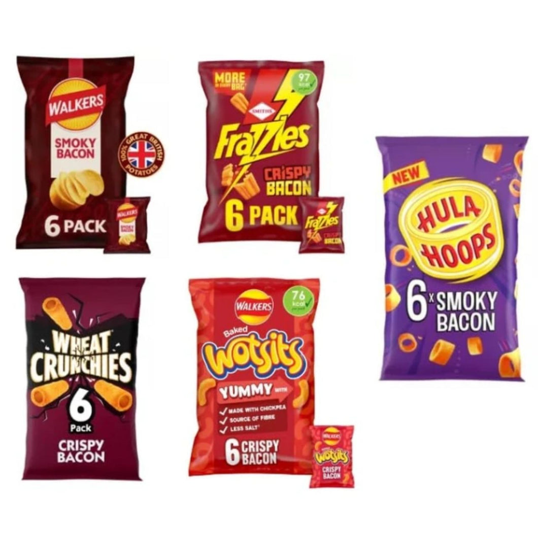 Bacon Crisp Lovers Variety - Walkers, Frazzles, Hula Hoops, Wheat Crunchies & Wotsits Crispy Bacon Multipack Crisps.