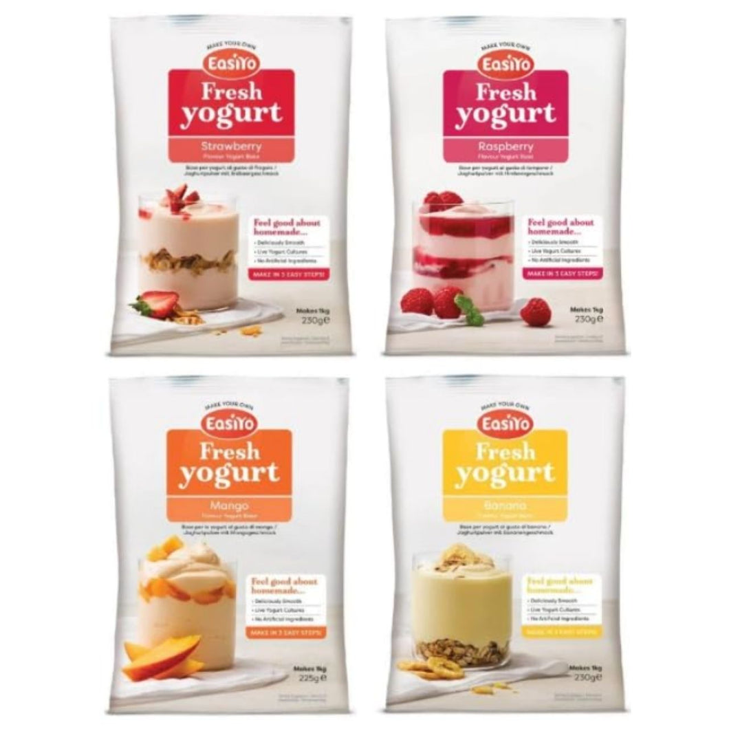 EasiYo Fresh Yogurt Bases, Strawberry, Raspberry, Mango & Banana Flavours