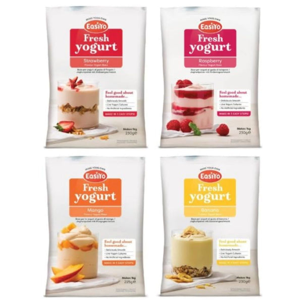 EasiYo Fresh Yogurt Bases, Strawberry, Raspberry, Mango & Banana Flavours