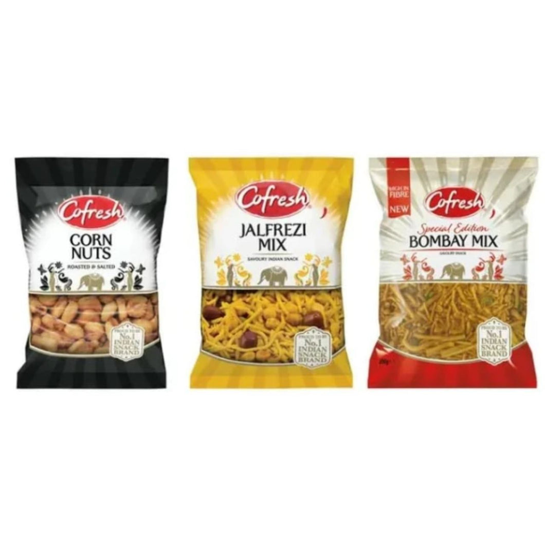 Cofresh Corn Nuts, Jalfrezi Mix, and Bombay Mix Savoury Indian Snack Variety Pack