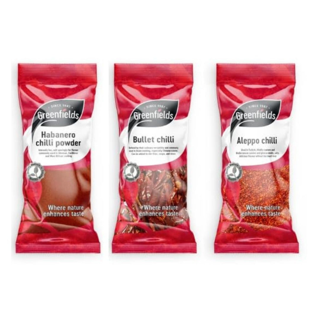 Greenfields Chilli Powder Variety Pack, Habanero, Bullet Chilli, and Aleppo Chilli, Spice Blend