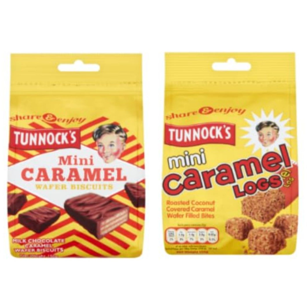 Tunnock's Mini Caramel Wafer Biscuits and Mini Caramel Logs, Milk Chocolate, Roasted Coconut Covered
