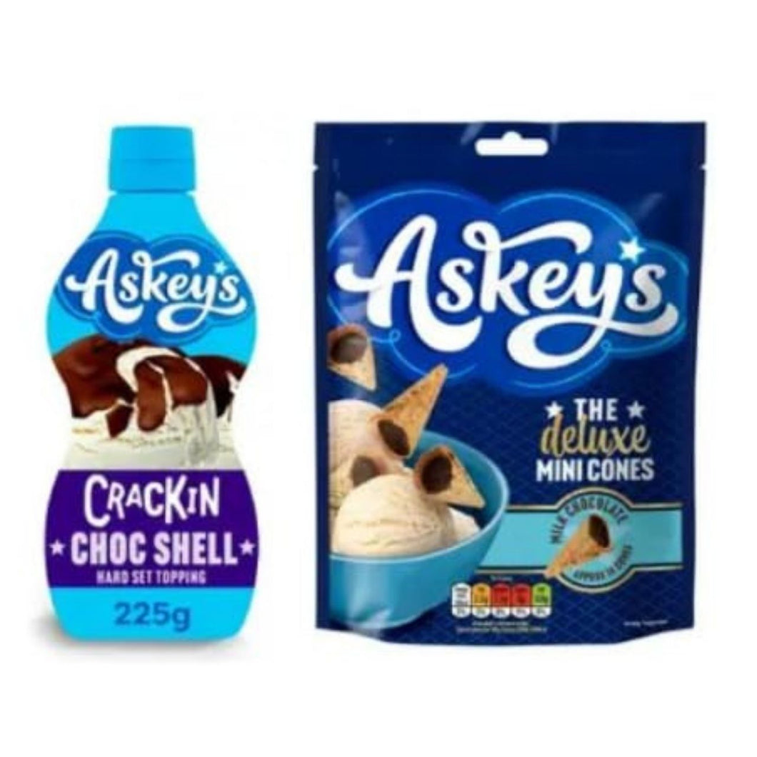 Askey's Crackin Choc Shell Hard Set Topping 225g with Deluxe Milk Chocolate Mini Cones, Bundle