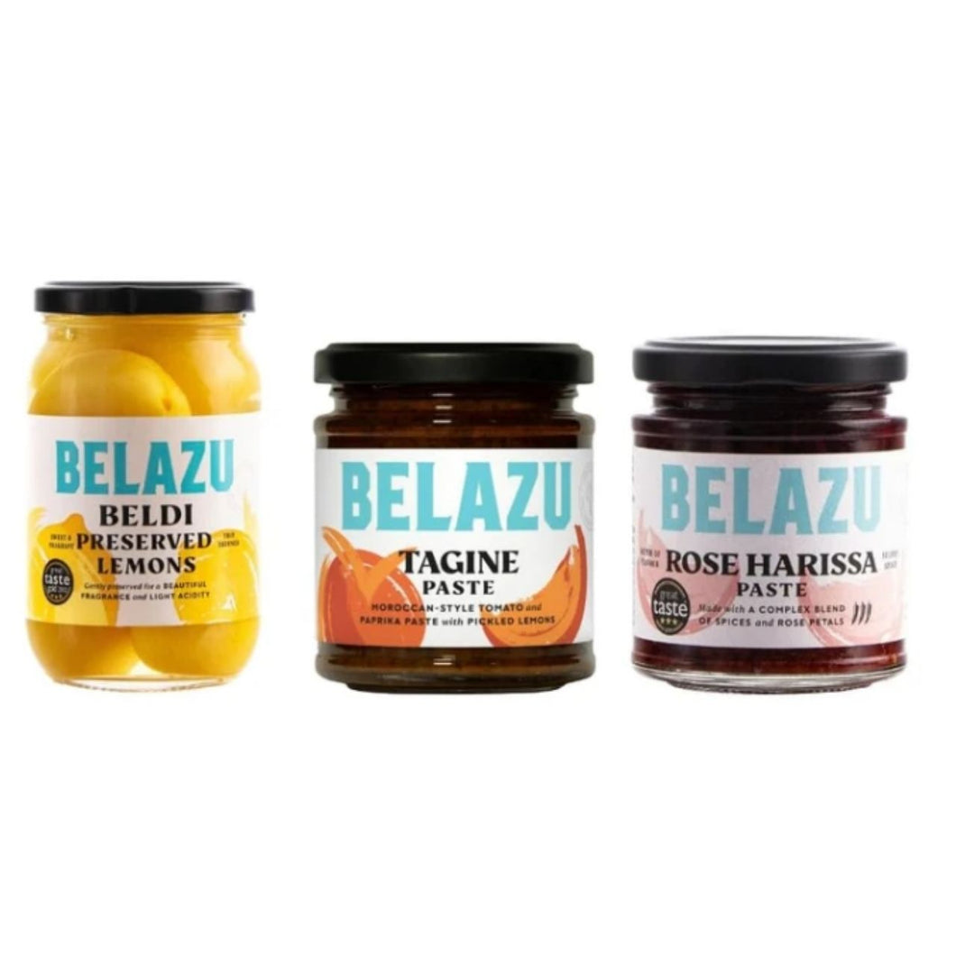 Belazu Beldi Preserved Lemons, Tagine Paste, and Rose Harissa Paste, Moroccan-Style