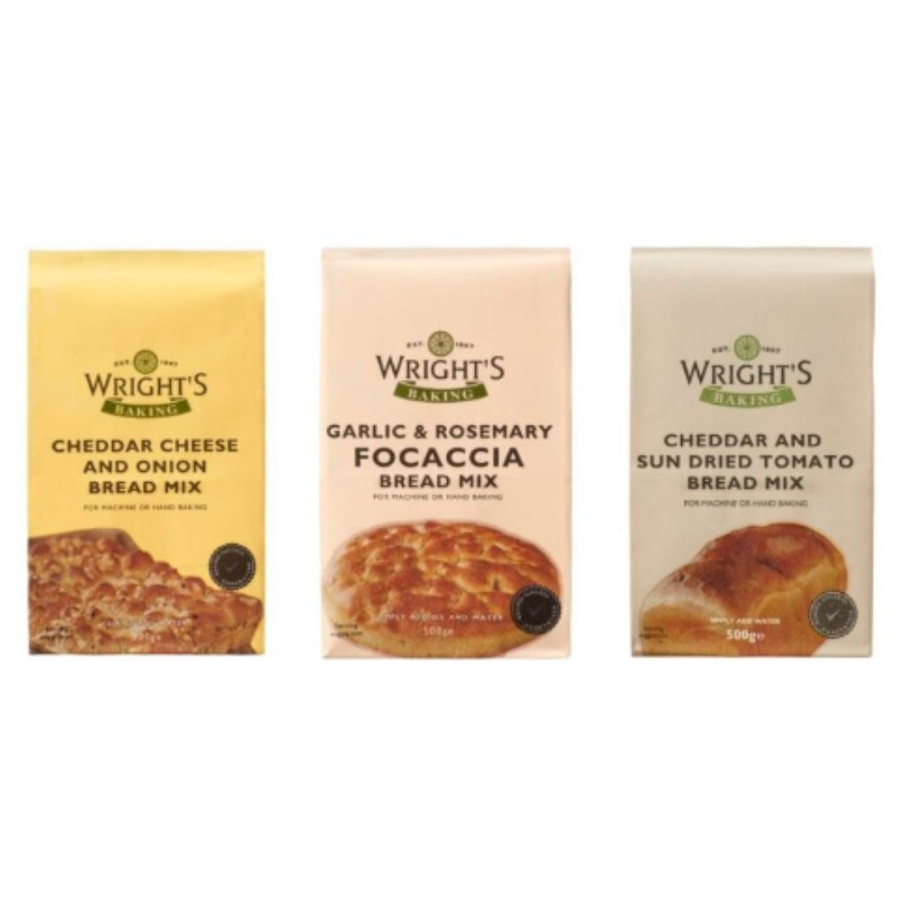 Wrights Variety Bread Mix - Cheddar Cheese & Sundried Tomato, Cheddar Cheese & Onion & Garlic & Rosemary Focaccia - 500g