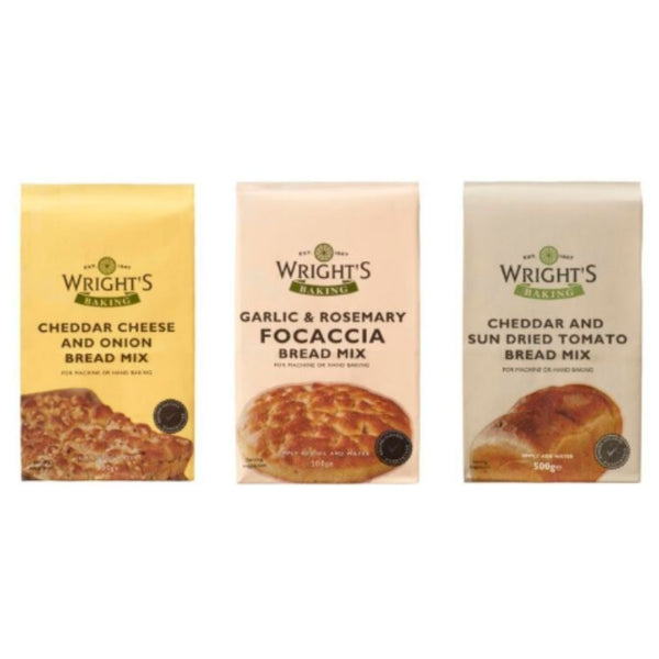 Wrights Variety Bread Mix - Cheddar Cheese & Sundried Tomato, Cheddar Cheese & Onion & Garlic & Rosemary Focaccia - 500g