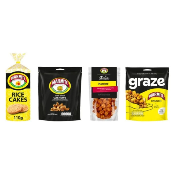 Marmite Variety Pack, Rice Cakes, Oven Baked Cashews, Peanuts, Graze Crunch Snacks