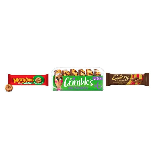 Vegan Treat Pack - Maryland Vegan Choc Chip Biscuits, 200g, Mrs Crimble's Gluten Free Choc Macaroons x6, Galaxy Dairy Free Caramelised Biscuit Bar