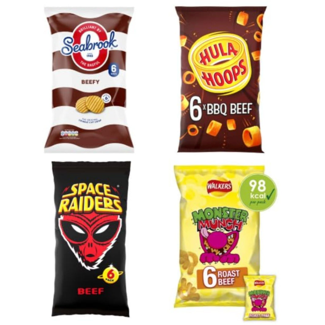 Beef Lovers Crisps Variety Pack - Seabrook, Hula Hoops, Space Raiders & Walkers Monster Munch.