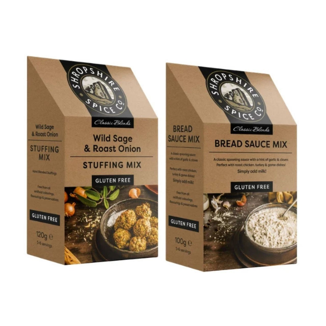 SHROPSHIRE SPICE CO. Gluten Free Wild Sage & Roast Onion Stuffing 120g, Gluten Free Bread Sauce Mix 100g