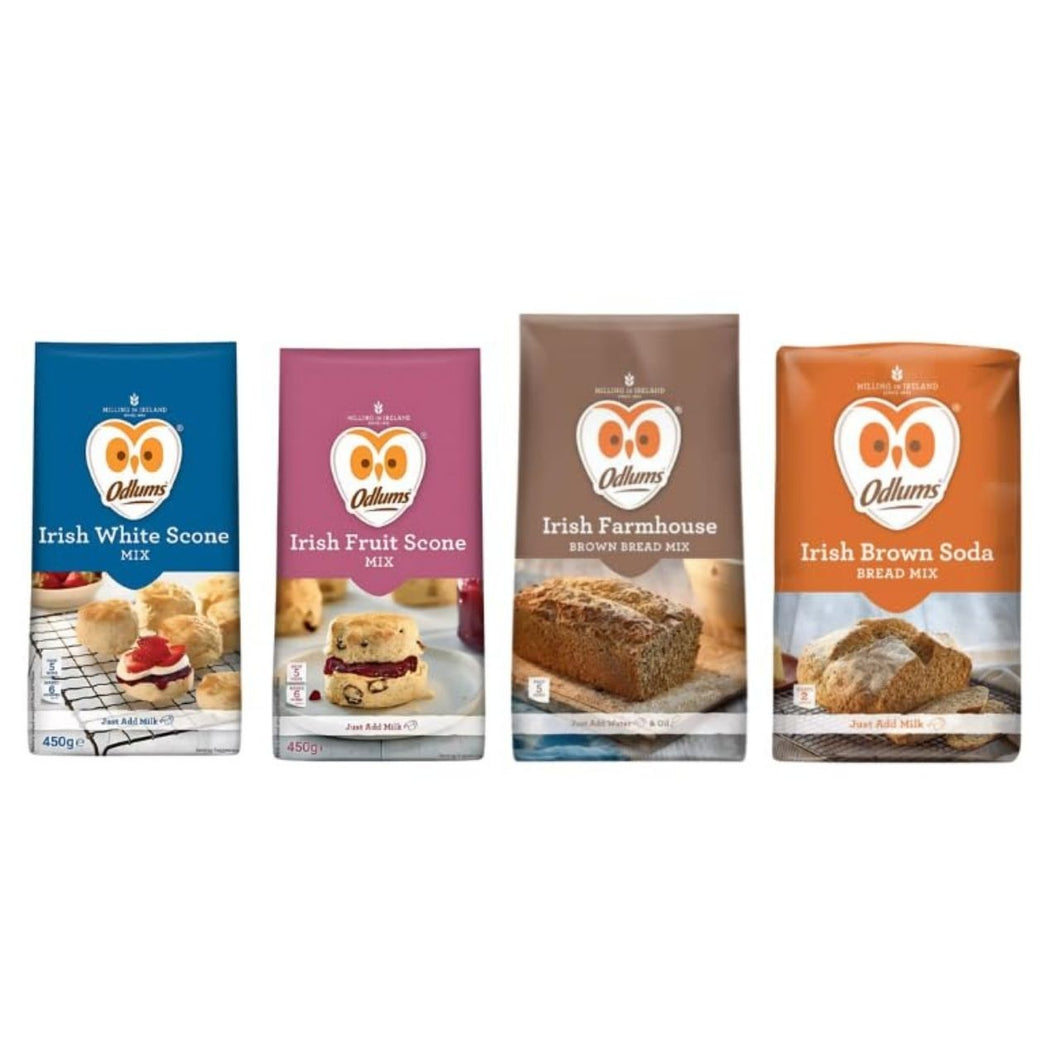 Odlums Irish Baking Mix Variety, White Scone, Fruit Scone, Farmhouse Brown Bread, Brown Soda Bread