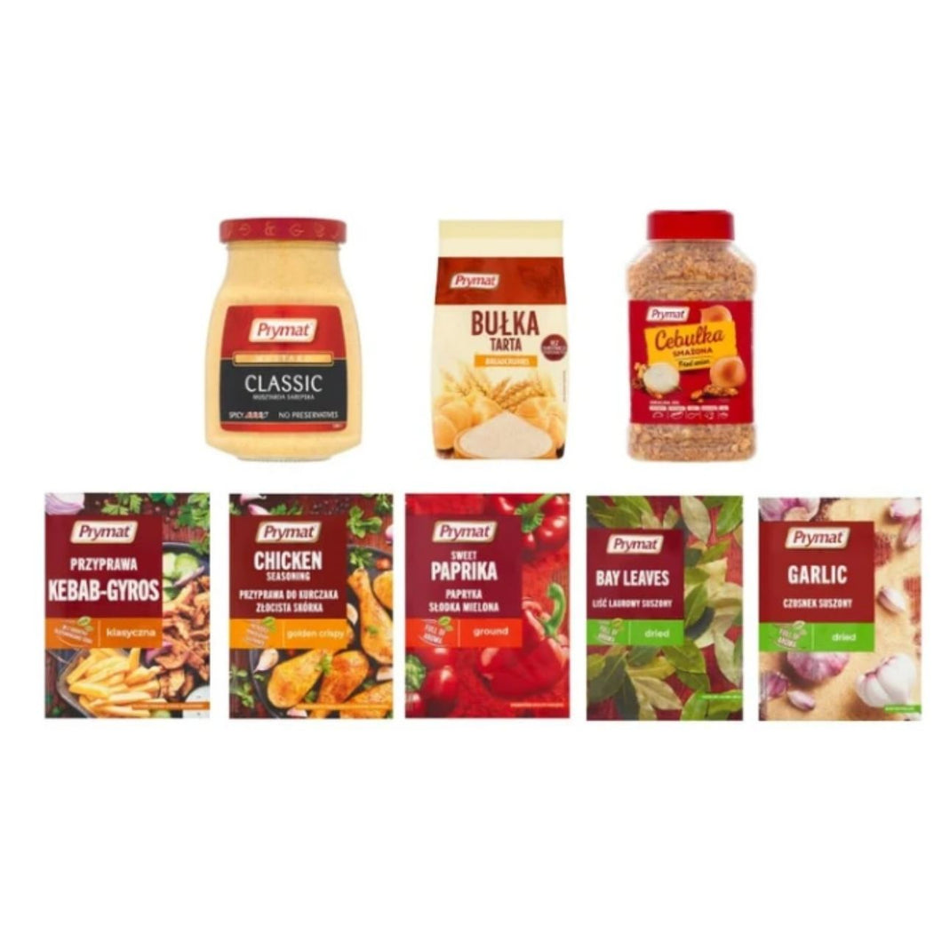 Prymat Spice & Seasoning Bundle, Classic Mustard, Breadcrumbs, Fried Onion, Kebab-Gyros, Chicken, Sweet Paprika, Bay Leaves, Garlic