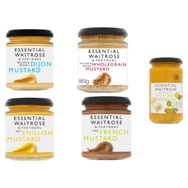 Essential Waitrose & Partners Mustard Variety, Dijon, Wholegrain, English, French, and Piccalilli