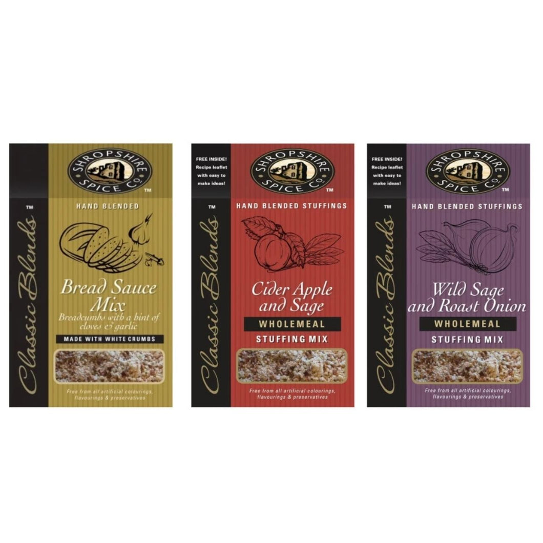 SHROPSHIRE SPICE CO. Bread Sauce,Cider Apple & Sage Wholemeal Stuffing, Sage & Roast Onion Wholemeal Stuffing Mix, 150g