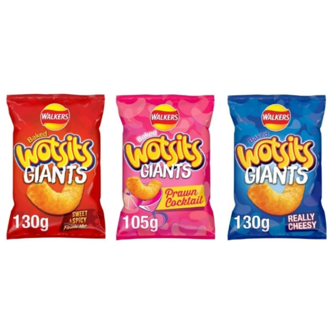 Walkers Wotsits Giants Baked Corn Snacks, Variety Pack, Sweet & Spicy, Prawn Cocktail, Really Cheesy, 130g, 105g