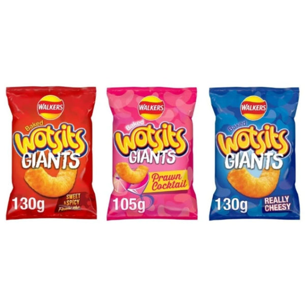 Walkers Wotsits Giants Baked Corn Snacks, Variety Pack, Sweet & Spicy, Prawn Cocktail, Really Cheesy, 130g, 105g
