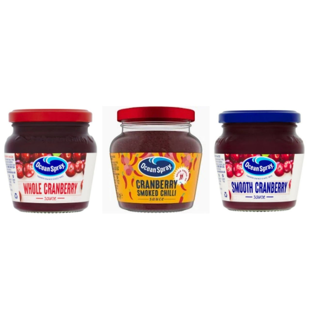 Ocean Spray Cranberry Sauce Variety, Whole Cranberry, Smooth Cranberry, and Smoked Chilli