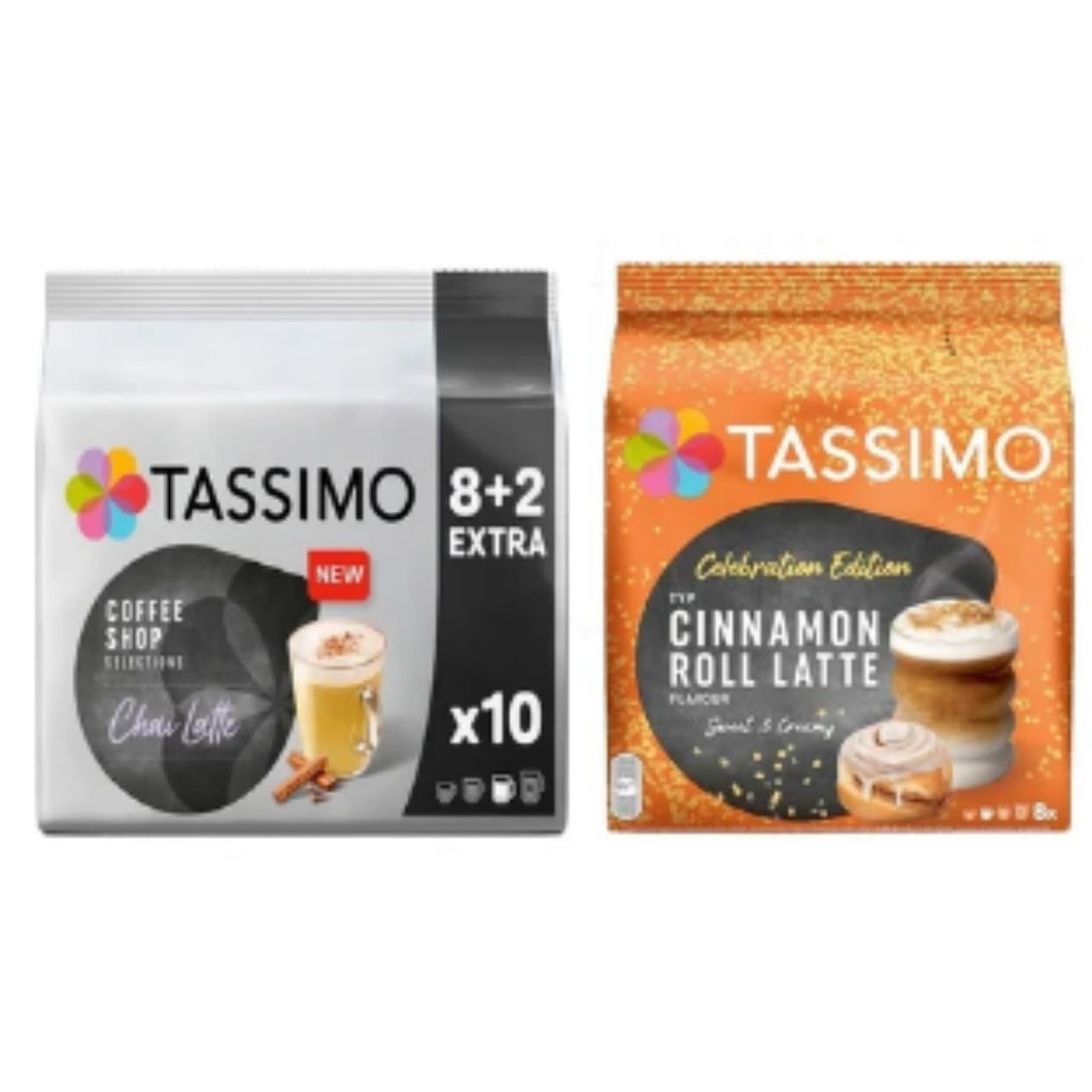 Tassimo Sweet Spice Latte Twin Pack – Coffee Shop Selections Chai & Cinnamon Roll Coffee Pods (Pack of 2, Total 18 Drinks)