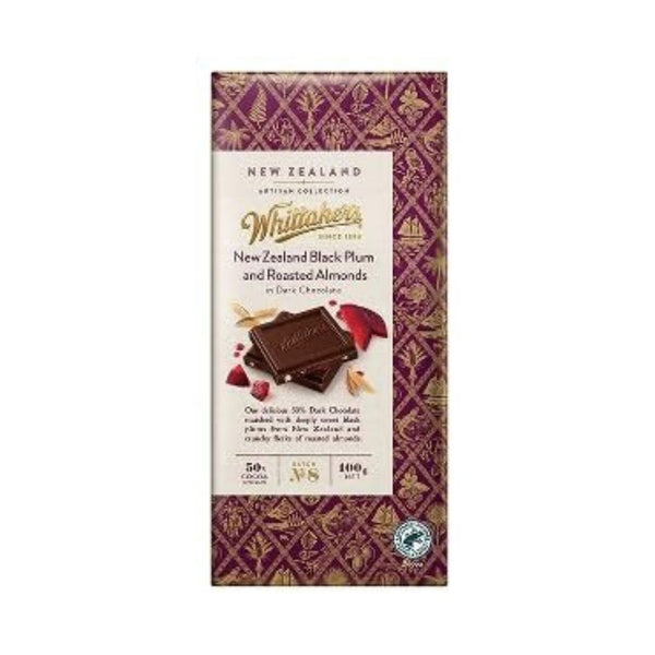 Whittaker's New Zealand Black Plum and Roasted Almonds in Dark Chocolate, 50% Cocoa, 100g Bar